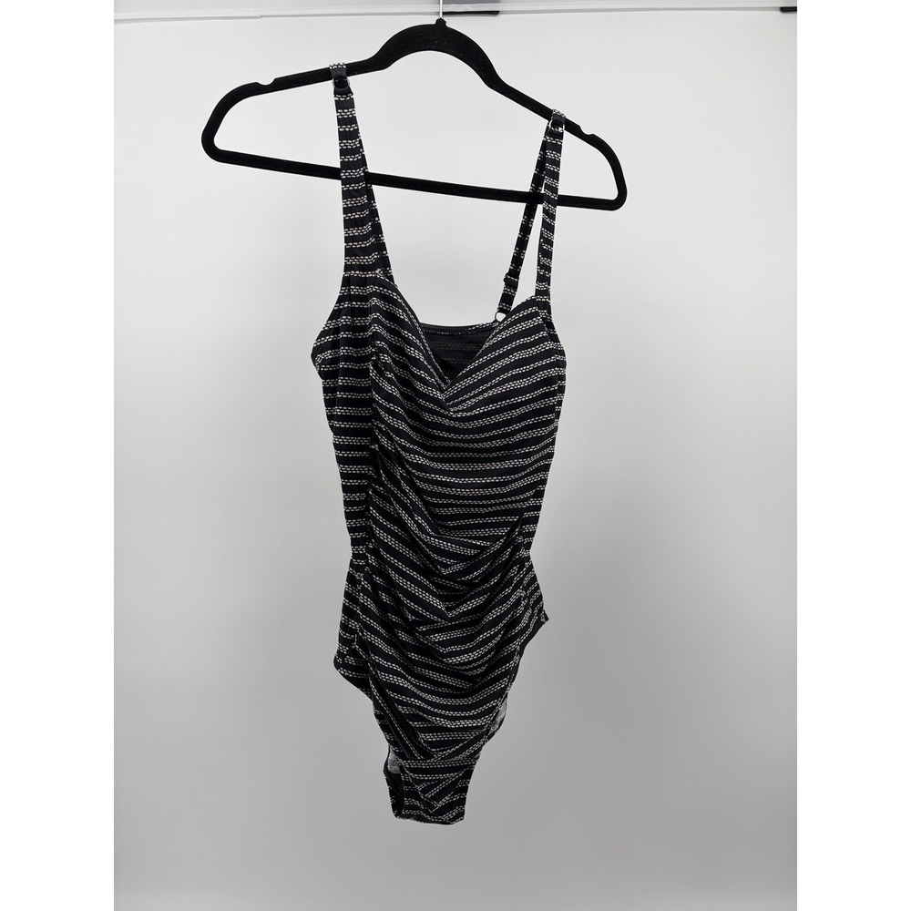 LL Bean Black/White Nylon/Elastane Striped One Piece UPF 50+ Bathing Suit, Sz 18